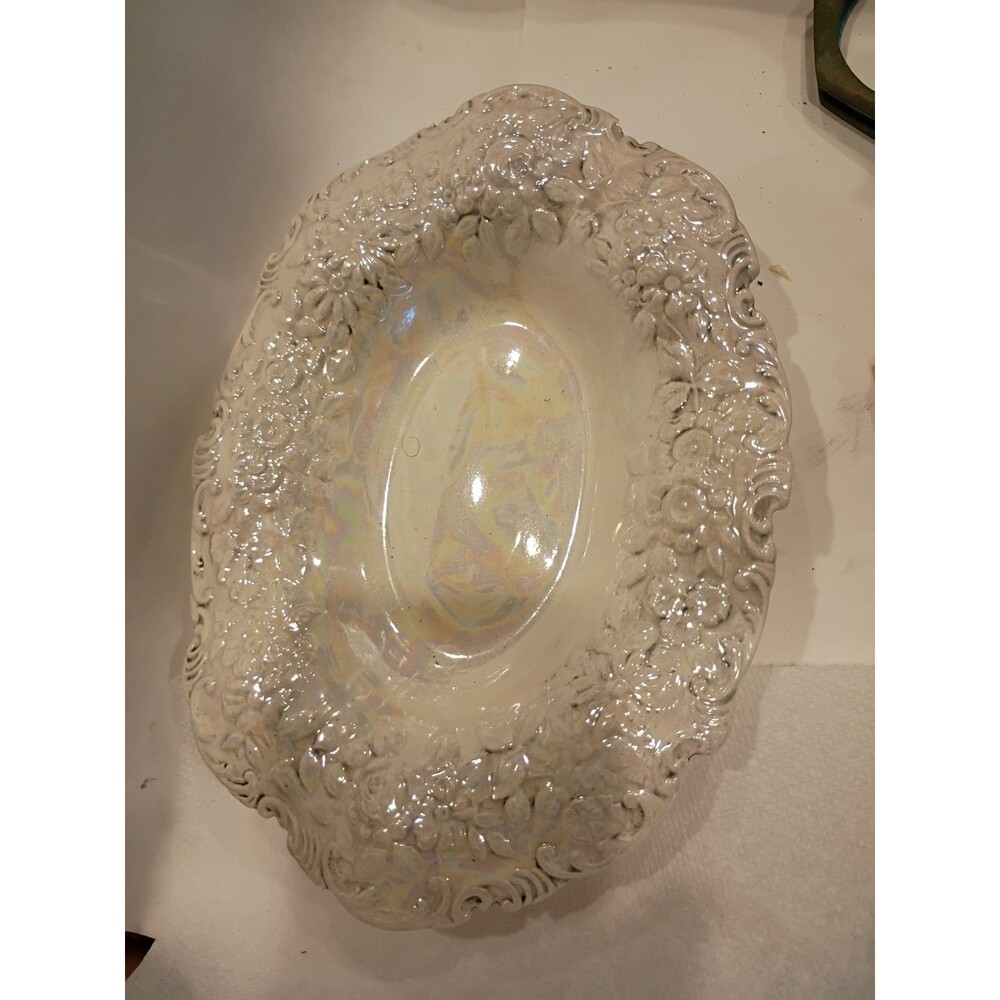 Antique Or Vintage White Iridescent Embossed Floral Ceramic Serving Bowl